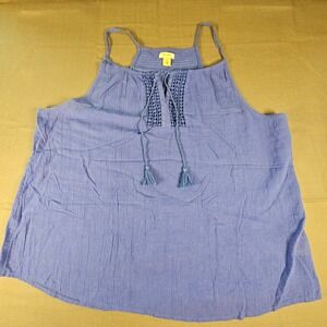 Decree Womens Blue Cotton Gauze Halter Cami Top Crochet Tassel Boho Large